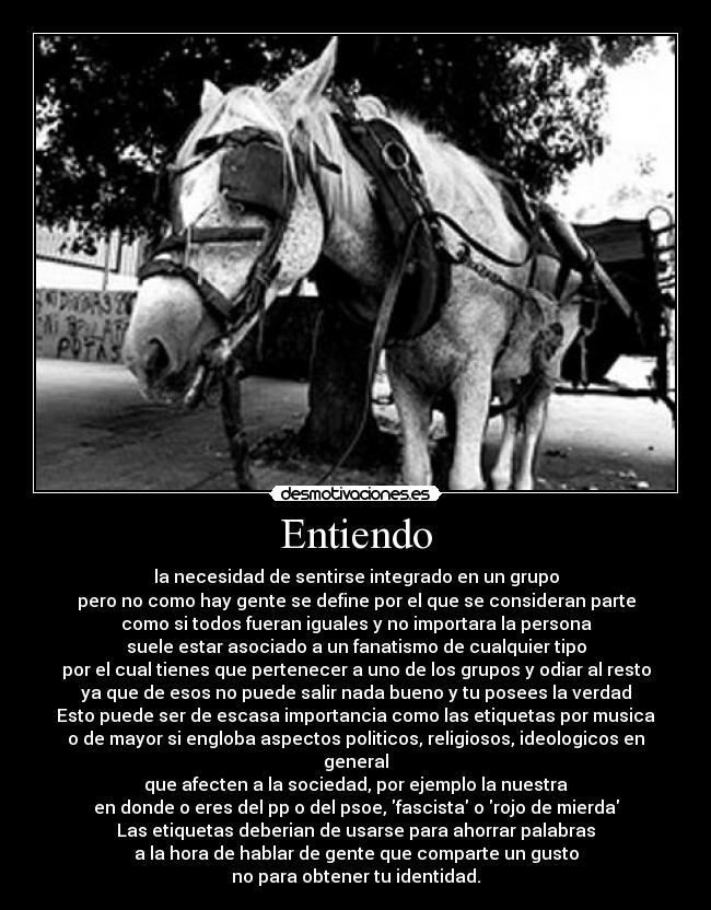 Entiendo - la necesidad de sentirse integrado en un grupo
pero no como hay gente se define por el que se consideran parte
como si todos fueran iguales y no importara la persona
suele estar asociado a un fanatismo de cualquier tipo
por el cual tienes que pertenecer a uno de los grupos y odiar al resto
ya que de esos no puede salir nada bueno y tu posees la verdad
Esto puede ser de escasa importancia como las etiquetas por musica
o de mayor si engloba aspectos politicos, religiosos, ideologicos en general
que afecten a la sociedad, por ejemplo la nuestra
en donde o eres del pp o del psoe, fascista o rojo de mierda
Las etiquetas deberian de usarse para ahorrar palabras
a la hora de hablar de gente que comparte un gusto
no para obtener tu identidad.