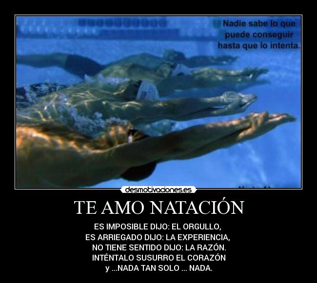 TE AMO NATACIÓN - ES IMPOSIBLE DIJO: EL ORGULLO, 
ES ARRIEGADO DIJO: LA EXPERIENCIA, 
NO TIENE SENTIDO DIJO: LA RAZÓN.
INTÉNTALO SUSURRO EL CORAZÓN
y ...NADA TAN SOLO ... NADA.
