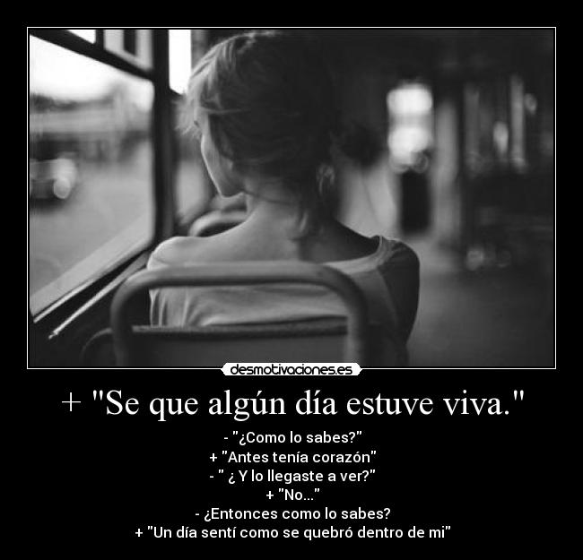 + Se que algún día estuve viva. - - ¿Como lo sabes?
+ Antes tenía corazón
- ¿ Y lo llegaste a ver?
+ No...
- ¿Entonces como lo sabes?
+ Un día sentí como se quebró dentro de mi