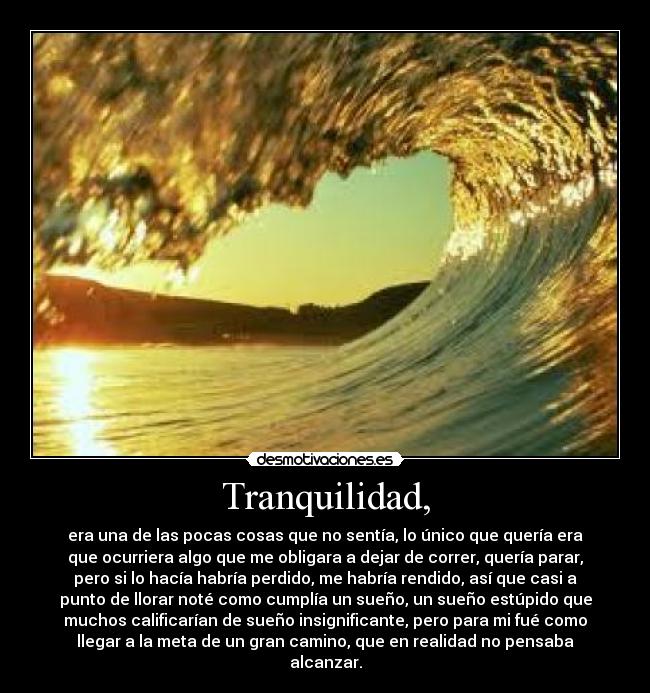 Tranquilidad, - era una de las pocas cosas que no sentía, lo único que quería era
que ocurriera algo que me obligara a dejar de correr, quería parar,
pero si lo hacía habría perdido, me habría rendido, así que casi a
punto de llorar noté como cumplía un sueño, un sueño estúpido que
muchos calificarían de sueño insignificante, pero para mi fué como
llegar a la meta de un gran camino, que en realidad no pensaba
alcanzar.