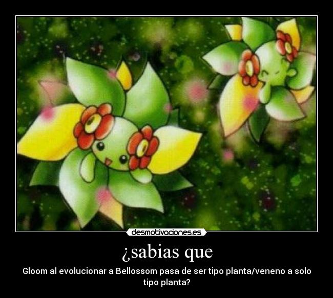 ¿sabias que - Gloom al evolucionar a Bellossom pasa de ser tipo planta/veneno a solo tipo planta?