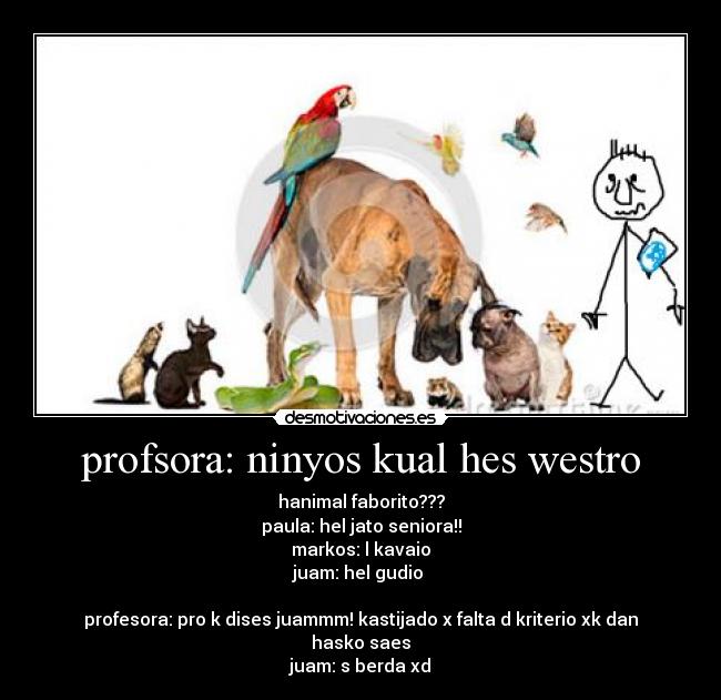 profsora: ninyos kual hes westro - hanimal faborito???
paula: hel jato seniora!!
markos: l kavaio
juam: hel gudio
profesora: pro k dises juammm! kastijado x falta d kriterio xk dan hasko saes
juam: s berda xd