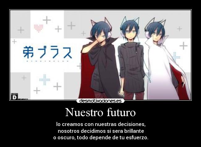 Nuestro futuro - lo creamos con nuestras decisiones,
nosotros decidimos si sera brillante
o oscuro, todo depende de tu esfuerzo.