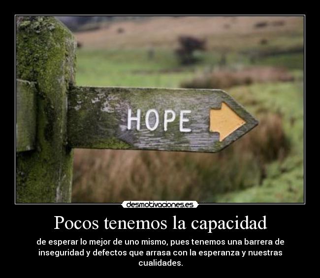 Pocos tenemos la capacidad - de esperar lo mejor de uno mismo, pues tenemos una barrera de
inseguridad y defectos que arrasa con la esperanza y nuestras
cualidades.