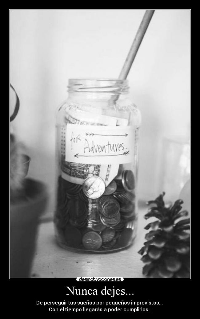 Nunca dejes... - De perseguir tus sueños por pequeños imprevistos...
Con el tiempo llegarás a poder cumplirlos...