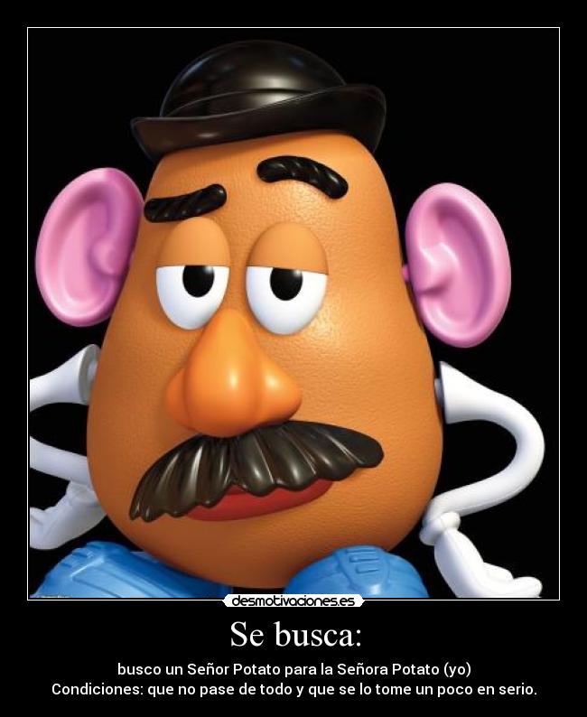 Se busca: - busco un Señor Potato para la Señora Potato (yo)
Condiciones: que no pase de todo y que se lo tome un poco en serio.