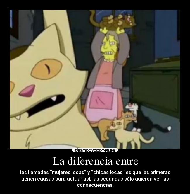 La diferencia entre - las llamadas mujeres locas y chicas locas es que las primeras
tienen causas para actuar así, las segundas sólo quieren ver las
consecuencias.