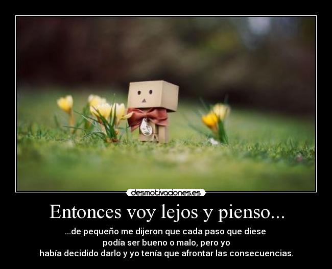 Entonces voy lejos y pienso... - ...de pequeño me dijeron que cada paso que diese
podía ser bueno o malo, pero yo
había decidido darlo y yo tenía que afrontar las consecuencias.