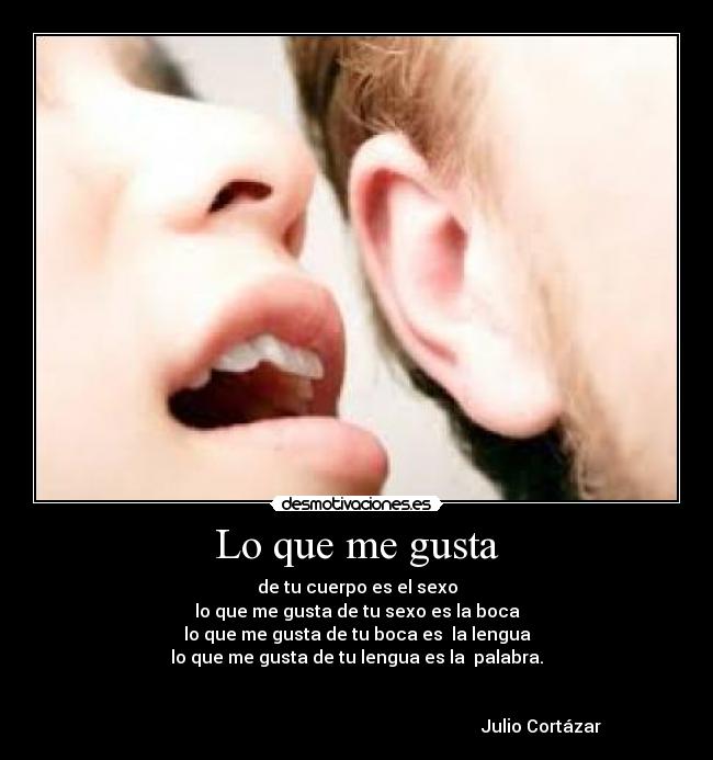 Lo que me gusta - de tu cuerpo es el sexo
lo que me gusta de tu sexo es la boca
lo que me gusta de tu boca es  la lengua
lo que me gusta de tu lengua es la  palabra.

                                                                     
                                                                                    Julio Cortázar