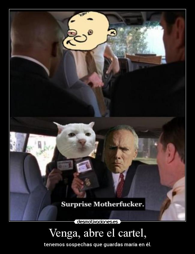 Venga, abre el cartel, - tenemos sospechas que guardas maría en él.