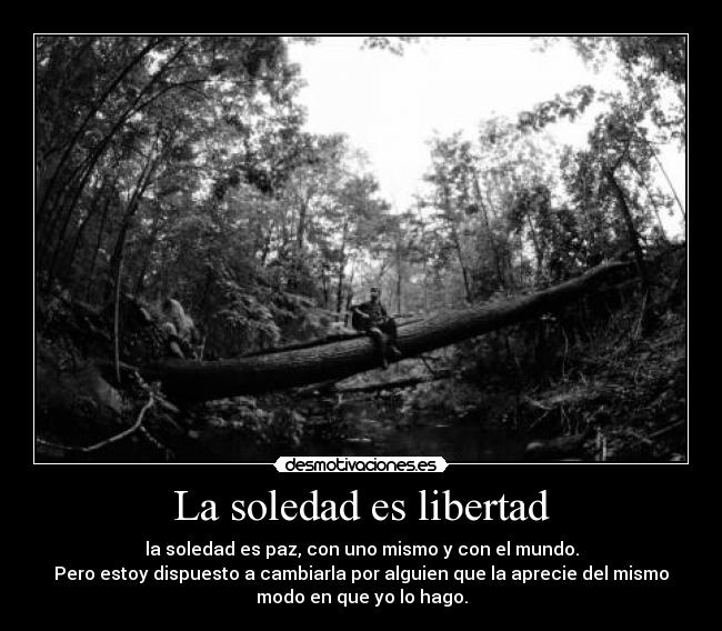 La soledad es libertad - la soledad es paz, con uno mismo y con el mundo.
Pero estoy dispuesto a cambiarla por alguien que la aprecie del mismo
modo en que yo lo hago.