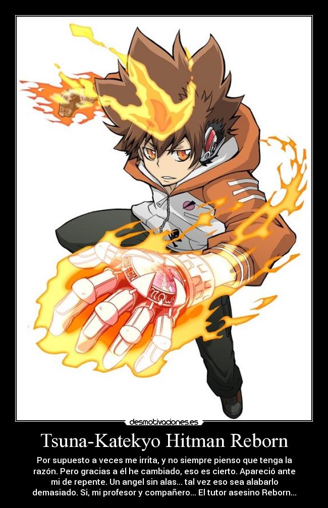 Tsuna-Katekyo Hitman Reborn - Por supuesto a veces me irrita, y no siempre pienso que tenga la
razón. Pero gracias a él he cambiado, eso es cierto. Apareció ante
mi de repente. Un angel sin alas... tal vez eso sea alabarlo
demasiado. Si, mi profesor y compañero... El tutor asesino Reborn...