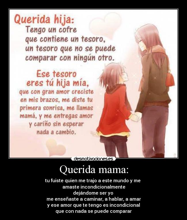 Querida mama: - tu fuiste quien me trajo a este mundo y me
amaste incondicionalmente
dejándome ser yo
me enseñaste a caminar, a hablar, a amar
y ese amor que te tengo es incondicional
que con nada se puede comparar