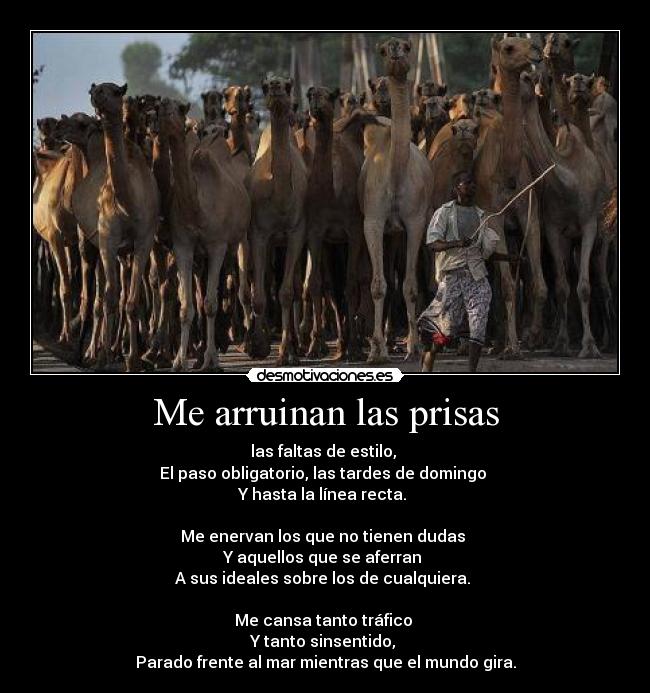 Me arruinan las prisas - las faltas de estilo,
El paso obligatorio, las tardes de domingo
Y hasta la línea recta.
Me enervan los que no tienen dudas
Y aquellos que se aferran
A sus ideales sobre los de cualquiera.
Me cansa tanto tráfico
Y tanto sinsentido,
Parado frente al mar mientras que el mundo gira.