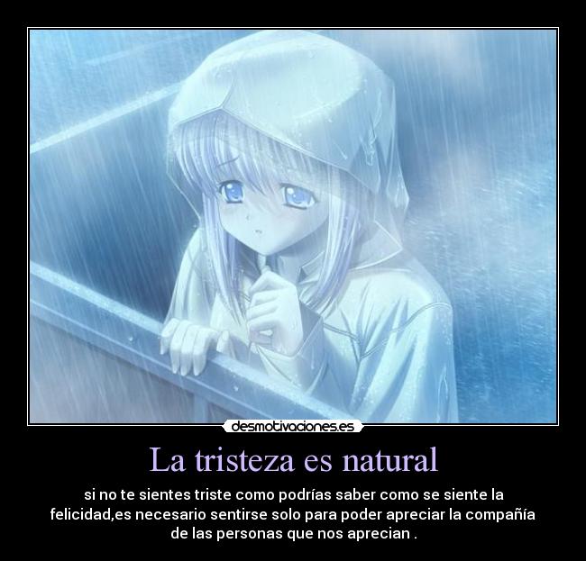 La tristeza es natural - si no te sientes triste como podrías saber como se siente la
felicidad,es necesario sentirse solo para poder apreciar la compañía
de las personas que nos aprecian .