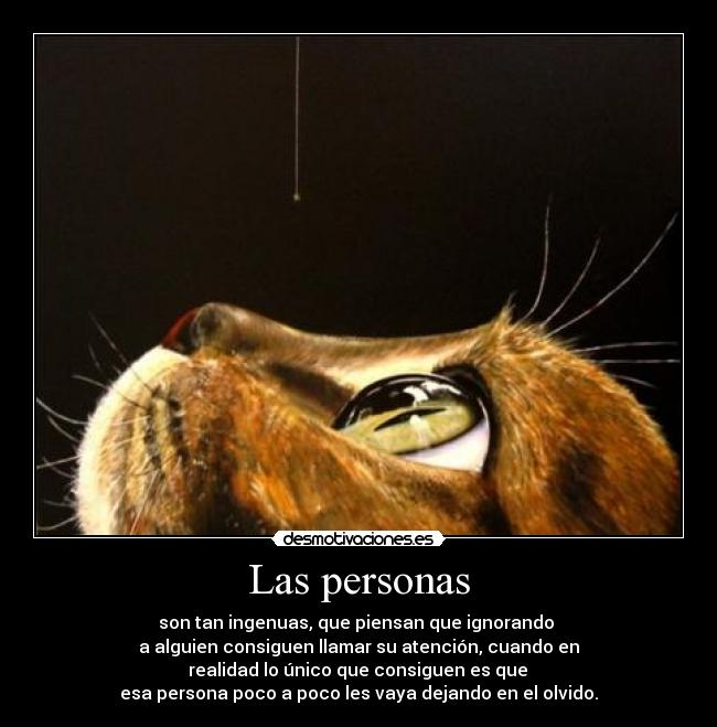 Las personas - son tan ingenuas, que piensan que ignorando
a alguien consiguen llamar su atención, cuando en
realidad lo único que consiguen es que
esa persona poco a poco les vaya dejando en el olvido.