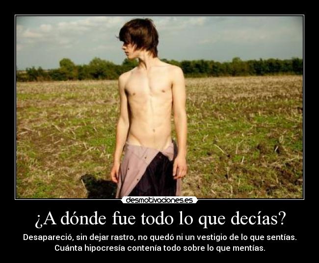 ¿A dónde fue todo lo que decías? - Desapareció, sin dejar rastro, no quedó ni un vestigio de lo que sentías.
Cuánta hipocresía contenía todo sobre lo que mentías.