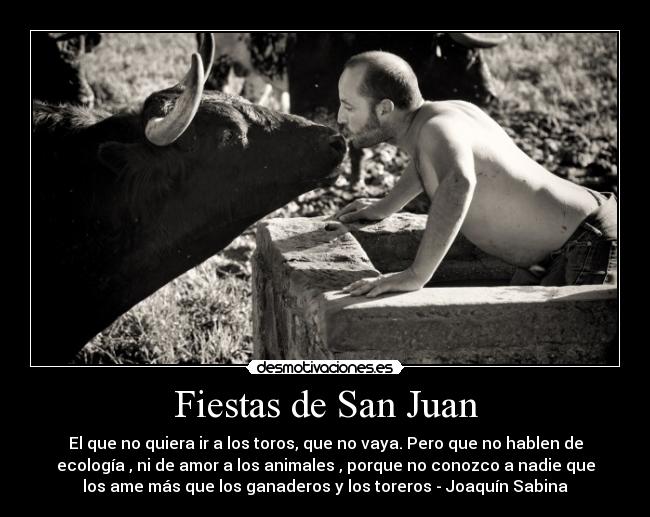 Fiestas de San Juan - El que no quiera ir a los toros, que no vaya. Pero que no hablen de
ecología , ni de amor a los animales , porque no conozco a nadie que
los ame más que los ganaderos y los toreros - Joaquín Sabina