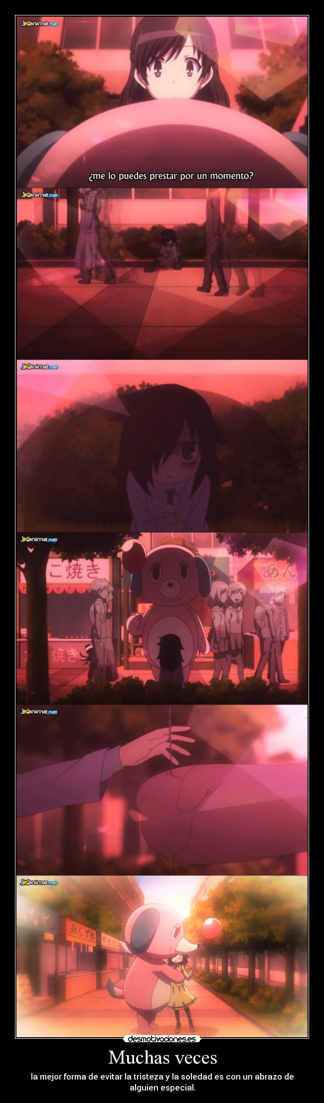 carteles anime watamote tomoko recibiendo abrazo delegada disfrazada doni amistad desmotivaciones