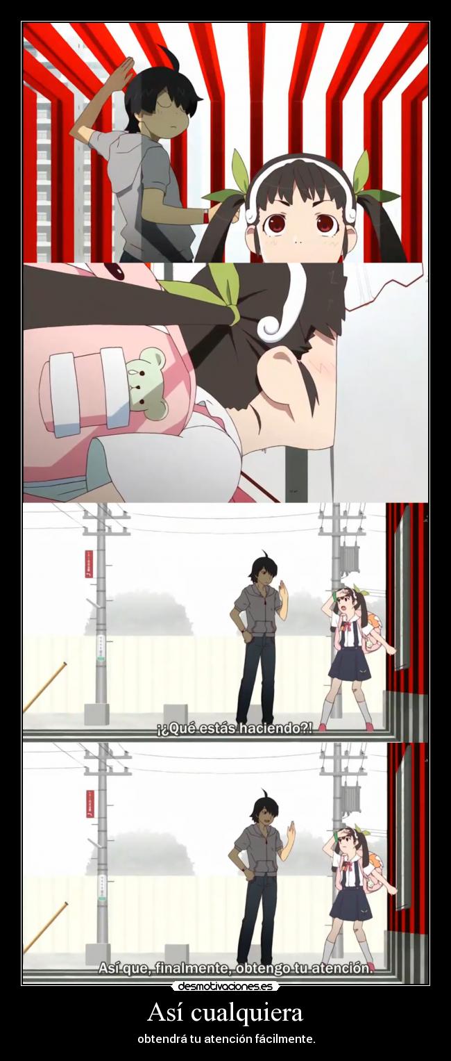 carteles humor anime bakemonogatari araragi golpeando caacol doni desmotivaciones