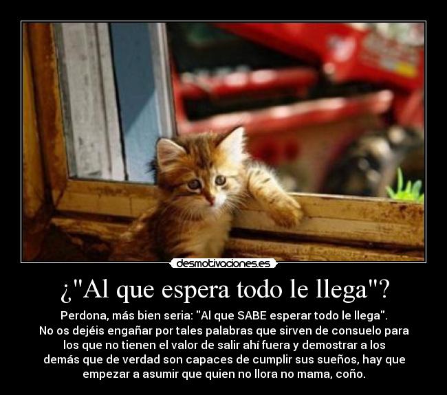 ¿Al que espera todo le llega? - Perdona, más bien seria: Al que SABE esperar todo le llega.
No os dejéis engañar por tales palabras que sirven de consuelo para
los que no tienen el valor de salir ahí fuera y demostrar a los
demás que de verdad son capaces de cumplir sus sueños, hay que
empezar a asumir que quien no llora no mama, coño.