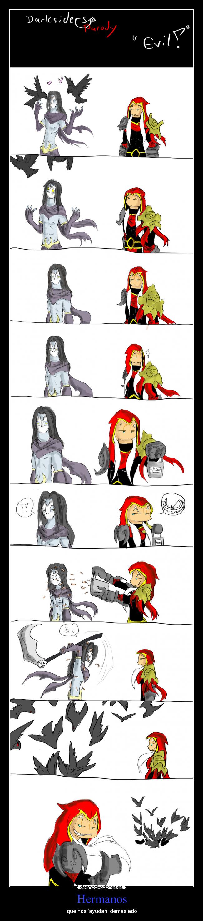 carteles hermanos war darksiders parodia death cuervo gusanos amistad desmotivaciones