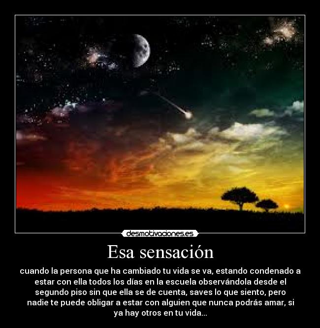 Esa sensación - cuando la persona que ha cambiado tu vida se va, estando condenado a
estar con ella todos los días en la escuela observándola desde el
segundo piso sin que ella se de cuenta, saves lo que siento, pero
nadie te puede obligar a estar con alguien que nunca podrás amar, si
ya hay otros en tu vida...