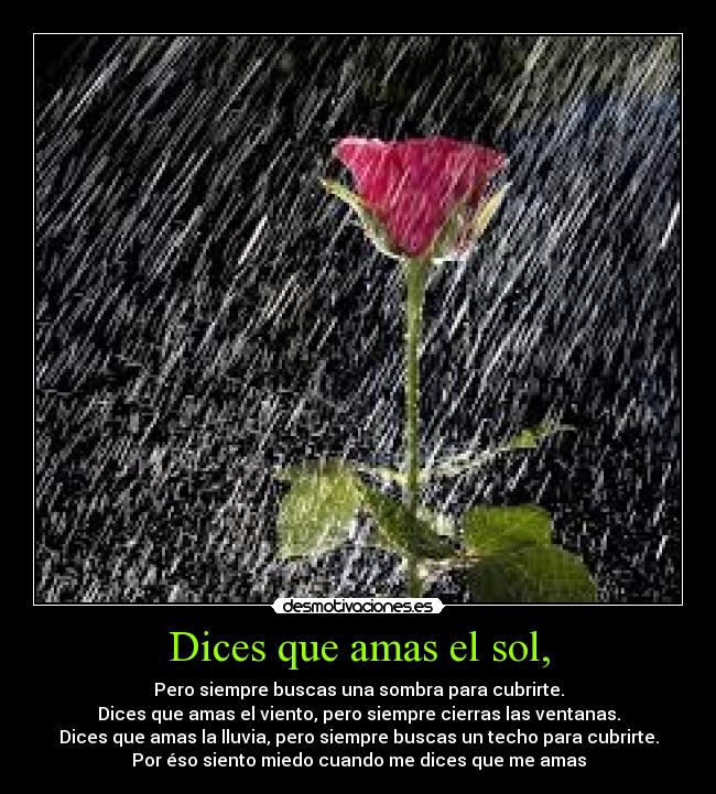 Dices que amas el sol, - Pero siempre buscas una sombra para cubrirte.
Dices que amas el viento, pero siempre cierras las ventanas.
Dices que amas la lluvia, pero siempre buscas un techo para cubrirte.
Por éso siento miedo cuando me dices que me amas
