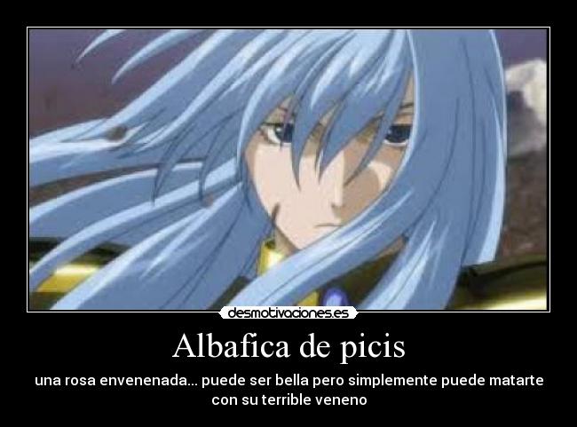 Albafica de picis - una rosa envenenada... puede ser bella pero simplemente puede matarte
con su terrible veneno