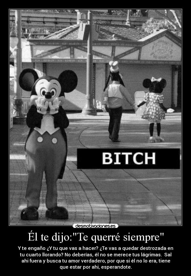 Él te dijo:Te querré siempre - Y te engaño ¿Y tu que vas a hacer? ¿Te vas a quedar destrozada en
tu cuarto llorando? No deberías, él no se merece tus lágrimas. Sal
ahi fuera y busca tu amor verdadero, por que si él no lo era, tiene
que estar por ahi, esperandote.