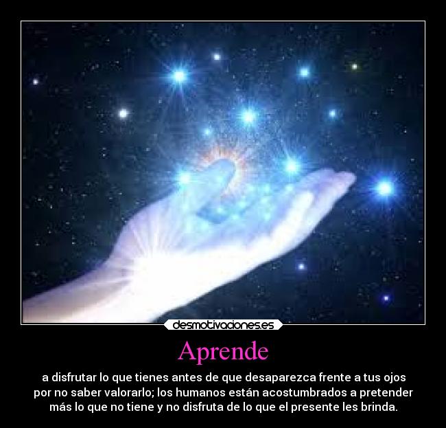 Aprende - a disfrutar lo que tienes antes de que desaparezca frente a tus ojos
por no saber valorarlo; los humanos están acostumbrados a pretender
más lo que no tiene y no disfruta de lo que el presente les brinda.