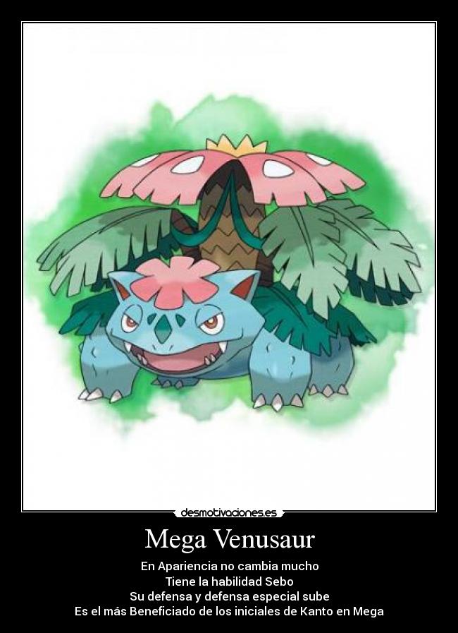 Mega Venusaur - En Apariencia no cambia mucho
Tiene la habilidad Sebo
Su defensa y defensa especial sube
Es el más Beneficiado de los iniciales de Kanto en Mega