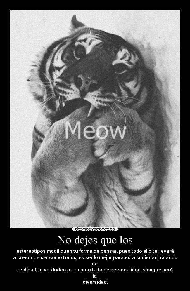 No dejes que los - estereotipos modifiquen tu forma de pensar, pues todo ello te llevará
a creer que ser como todos, es ser lo mejor para esta sociedad, cuando en 
realidad, la verdadera cura para falta de personalidad, siempre será la 
diversidad.