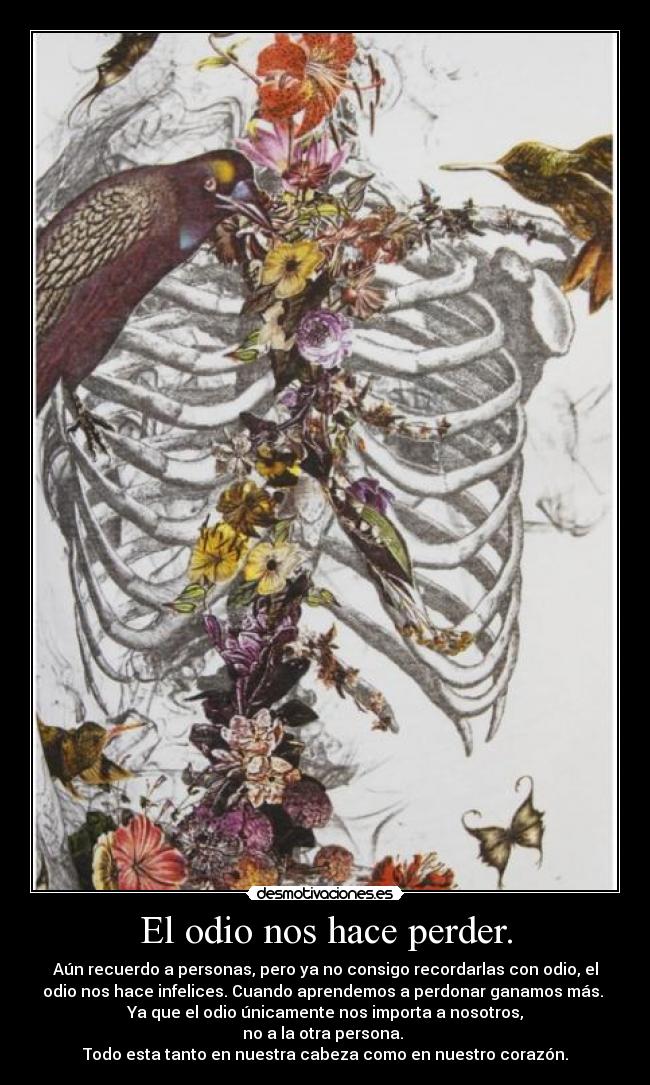 El odio nos hace perder. - Aún recuerdo a personas, pero ya no consigo recordarlas con odio, el
odio nos hace infelices. Cuando aprendemos a perdonar ganamos más.
Ya que el odio únicamente nos importa a nosotros,
no a la otra persona.
Todo esta tanto en nuestra cabeza como en nuestro corazón.