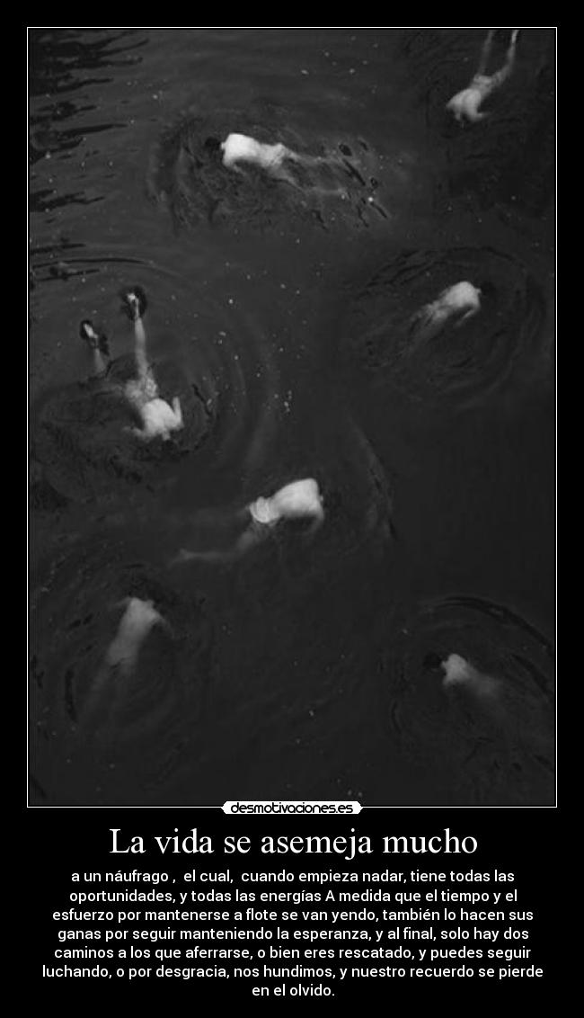 La vida se asemeja mucho - a un náufrago ,  el cual,  cuando empieza nadar, tiene todas las
oportunidades, y todas las energías A medida que el tiempo y el
esfuerzo por mantenerse a flote se van yendo, también lo hacen sus
ganas por seguir manteniendo la esperanza, y al final, solo hay dos
caminos a los que aferrarse, o bien eres rescatado, y puedes seguir
luchando, o por desgracia, nos hundimos, y nuestro recuerdo se pierde
en el olvido.