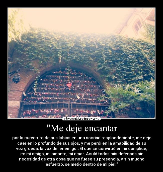 Me deje encantar - por la curvatura de sus labios en una sonrisa resplandeciente, me deje
caer en lo profundo de sus ojos, y me perdí en la amabilidad de su
voz gruesa, la voz del enemigo…El que se convirtió en mi cómplice,
en mi amigo, mi amante, mi amor. Anuló todas mis defensas sin
necesidad de otra cosa que no fuese su presencia, y sin mucho
esfuerzo, se metió dentro de mi piel.