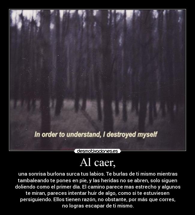 Al caer, - una sonrisa burlona surca tus labios. Te burlas de ti mismo mientras
tambaleando te pones en pie, y las heridas no se abren, solo siguen
doliendo como el primer día. El camino parece mas estrecho y algunos
te miran, pareces intentar huir de algo, como si te estuviesen
persiguiendo. Ellos tienen razón, no obstante, por más que corres,
no logras escapar de ti mismo.