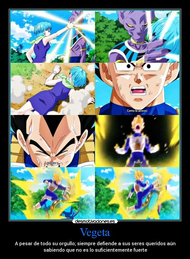 Vegeta - A pesar de todo su orgullo; siempre defiende a sus seres queridos aún
sabiendo que no es lo suficientemente fuerte