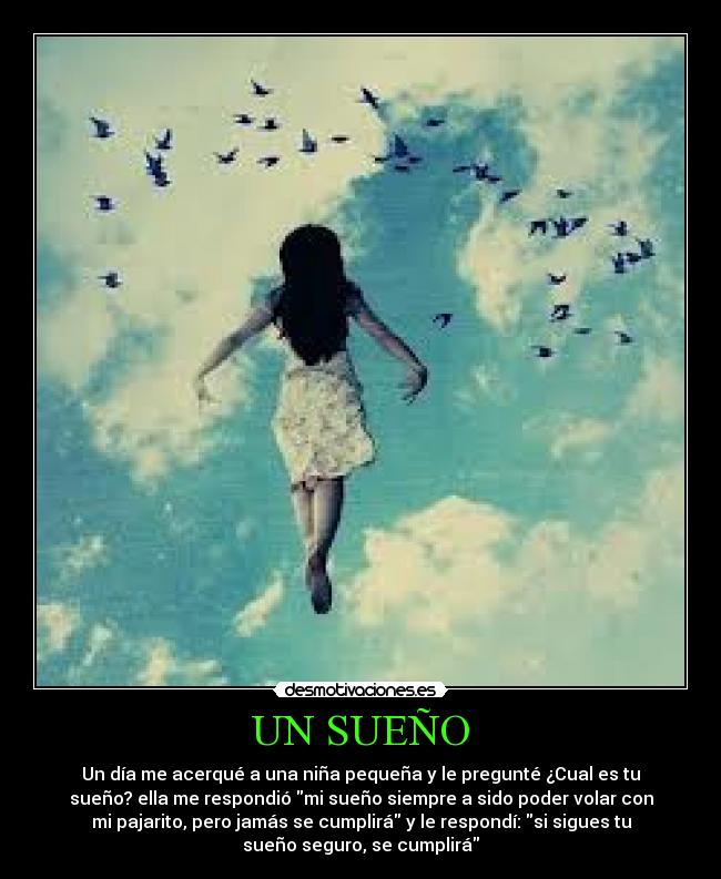 UN SUEÑO - Un día me acerqué a una niña pequeña y le pregunté ¿Cual es tu
sueño? ella me respondió mi sueño siempre a sido poder volar con
mi pajarito, pero jamás se cumplirá y le respondí: si sigues tu
sueño seguro, se cumplirá
