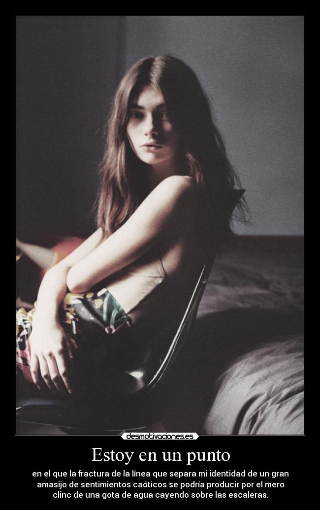 Estoy en un punto - en el que la fractura de la línea que separa mi identidad de un gran
amasijo de sentimientos caóticos se podría producir por el mero
clinc de una gota de agua cayendo sobre las escaleras.