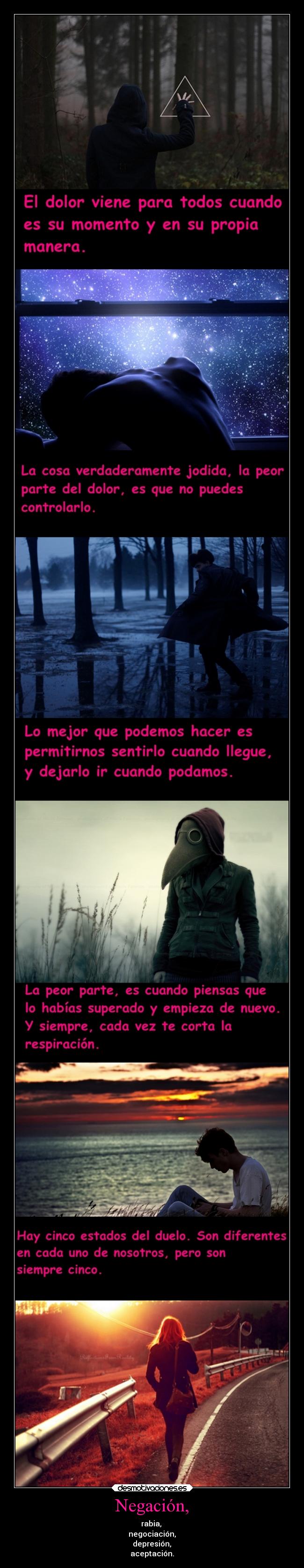 Negación, - rabia,
negociación,
depresión,
aceptación.