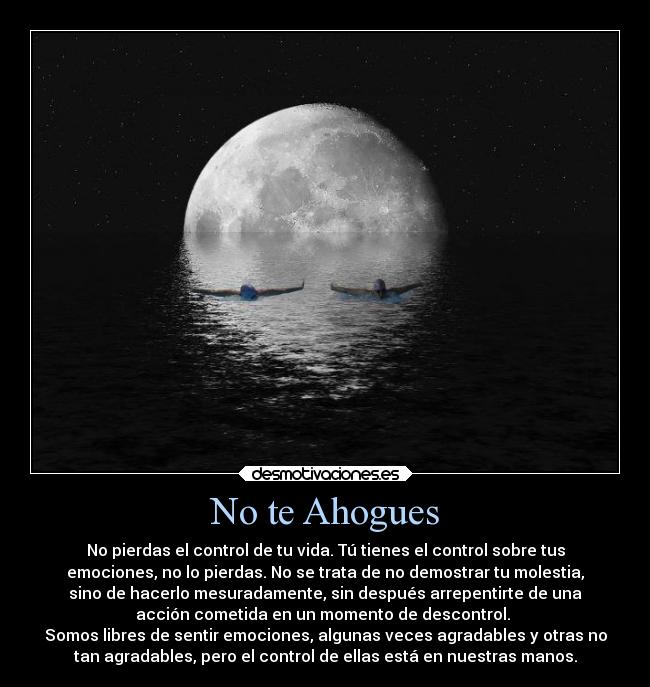 No te Ahogues - No pierdas el control de tu vida. Tú tienes el control sobre tus
emociones, no lo pierdas. No se trata de no demostrar tu molestia,
sino de hacerlo mesuradamente, sin después arrepentirte de una
acción cometida en un momento de descontrol. 
Somos libres de sentir emociones, algunas veces agradables y otras no
tan agradables, pero el control de ellas está en nuestras manos.