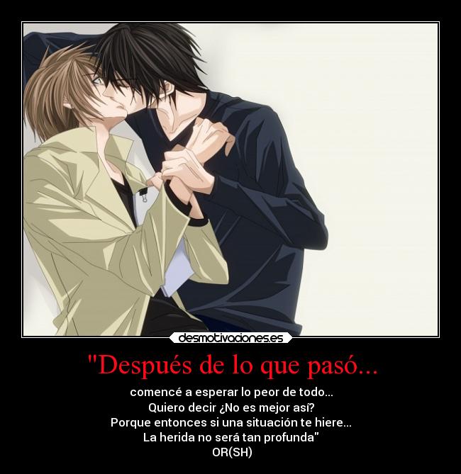 Después de lo que pasó... - comencé a esperar lo peor de todo...
Quiero decir ¿No es mejor así?
Porque entonces si una situación te hiere...
La herida no será tan profunda
 OR(SH)