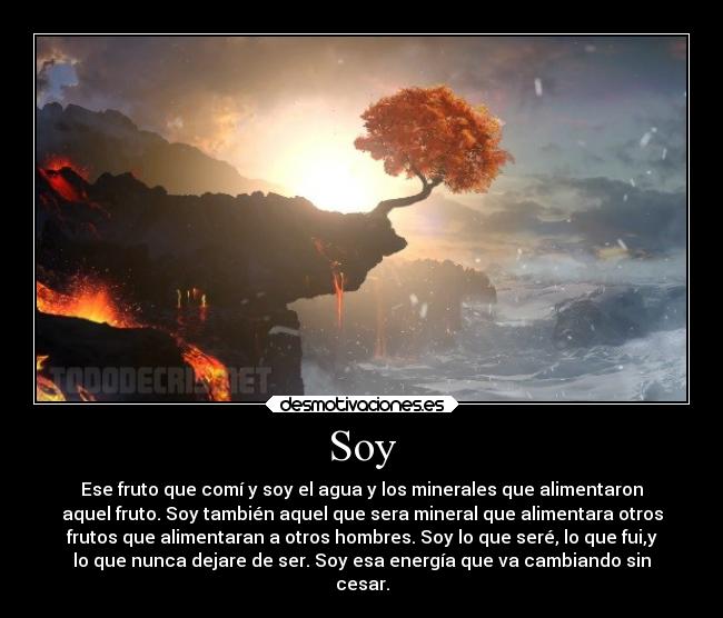 Soy - Ese fruto que comí y soy el agua y los minerales que alimentaron
aquel fruto. Soy también aquel que sera mineral que alimentara otros
frutos que alimentaran a otros hombres. Soy lo que seré, lo que fui,y
lo que nunca dejare de ser. Soy esa energía que va cambiando sin
cesar.