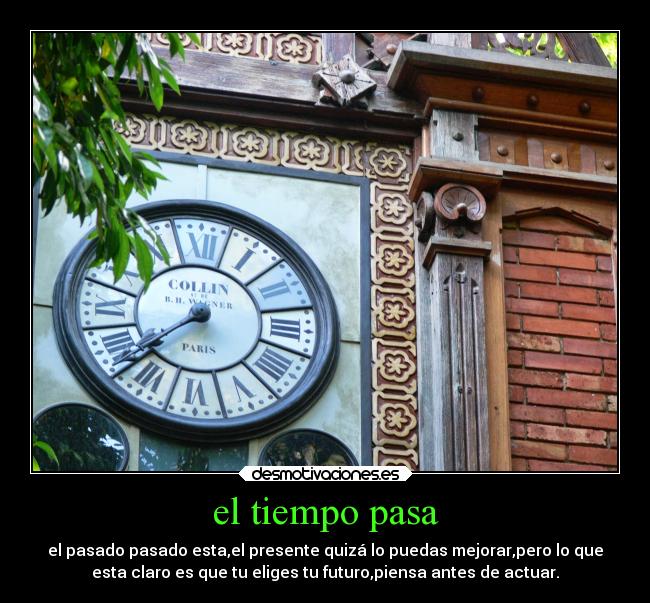 el tiempo pasa - el pasado pasado esta,el presente quizá lo puedas mejorar,pero lo que
esta claro es que tu eliges tu futuro,piensa antes de actuar.