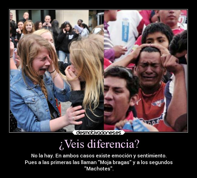 ¿Veis diferencia? - No la hay. En ambos casos existe emoción y sentimiento.
Pues a las primeras las llaman Moja bragas y a los segundos
Machotes.