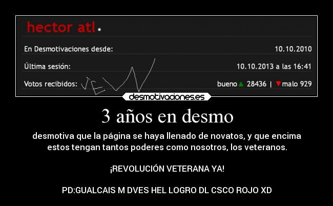 3 años en desmo - desmotiva que la página se haya llenado de novatos, y que encima
estos tengan tantos poderes como nosotros, los veteranos.

¡REVOLUCIÓN VETERANA YA!

PD:GUALCAIS M DVES HEL LOGRO DL CSCO ROJO XD