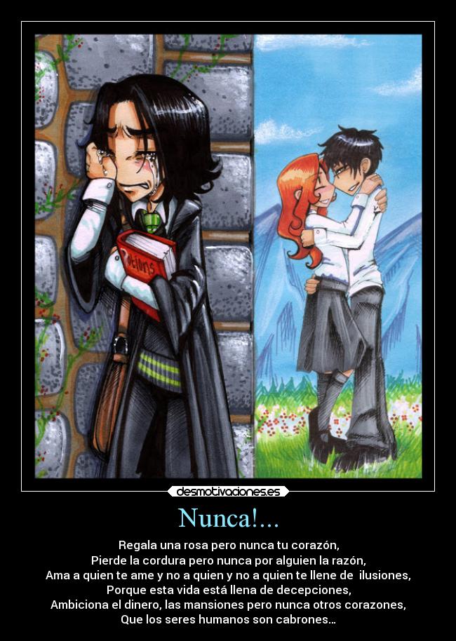 Nunca!... - Regala una rosa pero nunca tu corazón,
Pierde la cordura pero nunca por alguien la razón,
Ama a quien te ame y no a quien y no a quien te llene de ilusiones,
Porque esta vida está llena de decepciones,
Ambiciona el dinero, las mansiones pero nunca otros corazones,
Que los seres humanos son cabrones…