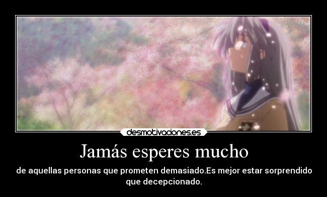 Jamás esperes mucho - de aquellas personas que prometen demasiado.Es mejor estar sorprendido
que decepcionado.