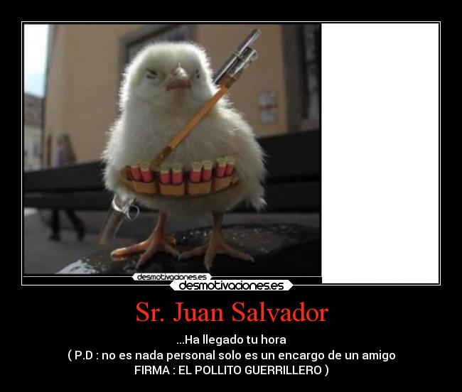 Sr. Juan Salvador - ...Ha llegado tu hora
( P.D : no es nada personal solo es un encargo de un amigo
FIRMA : EL POLLITO GUERRILLERO )